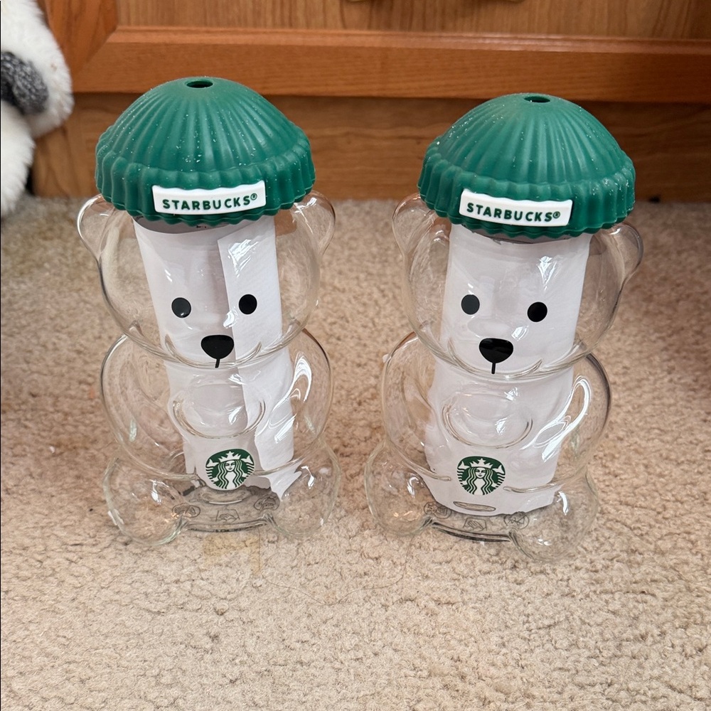 Starbucks Bear-Shaped Glass Bottles with Teal Lids